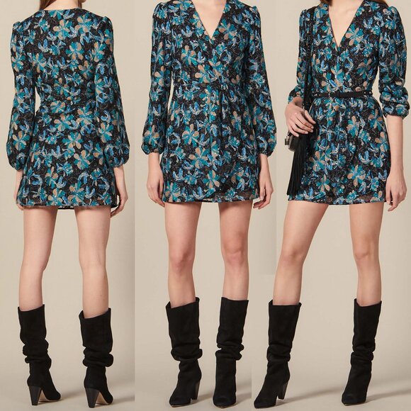 Sandro Bleen Faux-Wrap Mini Tulle Dress Embroidered Sequins EU 42, US 10-12 $445 - Picture 3 of 16